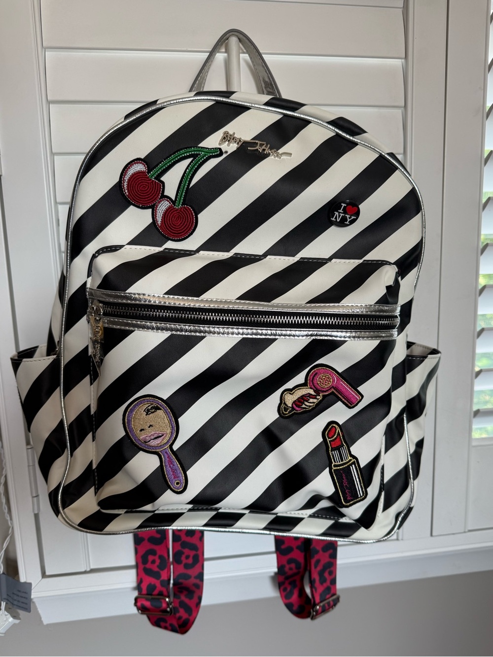 Betsey Johnson Backpack with leopard straps- Black and White
